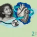 Collage for a heart murmur: a calm young girl, an engraved heart with a swirling teal ribbon and a stethoscope