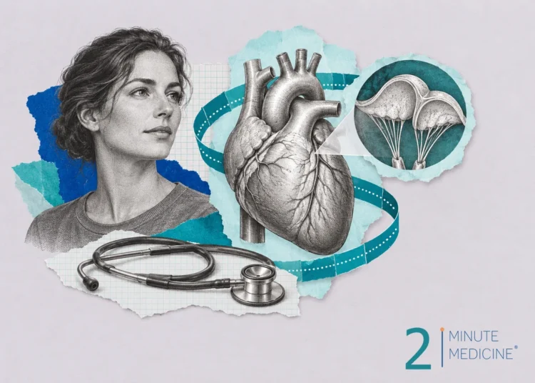 Mitral valve prolapse collage of an engraved heart with a parachute-like valve, a stethoscope and a calm woman