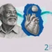 Collage of an older man beside an engraved heart with a small pacemaker and its thin wires, and a steady teal ribbon