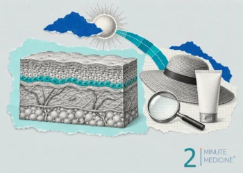 Basal cell carcinoma collage: a drawing of skin layers with the basal layer in teal, a sun hat, sunscreen and a magnifier