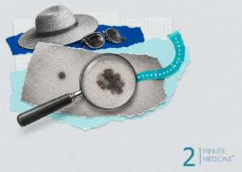 Melanoma collage: a magnifying glass over an even mole and an uneven one on skin, with a sun hat and sunglasses