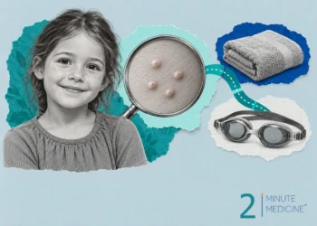 Collage for molluscum contagiosum: a young girl, a lens showing small dimpled skin bumps, a folded towel and swim goggles