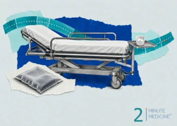 Acute pain care collage: an engraved stretcher with a folded sheet, a paper cup of white tablets on a tray and a cold pack