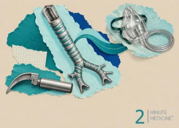 Airway management collage: an engraved windpipe dividing into branching bronchi, a laryngoscope and an oxygen mask