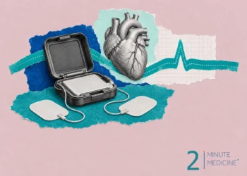Cardiac arrest collage: an open defibrillator case with two pads, an engraved heart and a heartbeat spike line