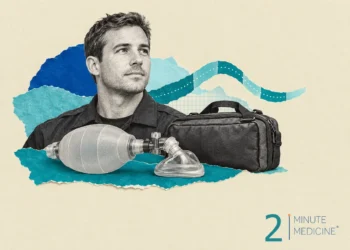 Cardiac arrest resuscitation collage: a calm paramedic in a dark shirt, a bag-valve breathing mask and a closed medical bag