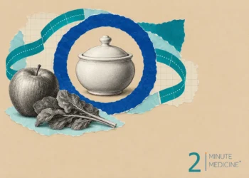 Diabetes collage: a lidded sugar bowl inside a blue paper circle, with a whole apple and a bunch of leafy greens