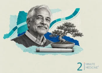 GLP-1 medicines and aging collage: a smiling white-haired man with a mustache beside a bonsai tree and a capped injection pen