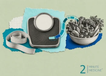 Obesity treatment collage: a bathroom scale with a blank dial, a coiled tape measure and a bowl of fresh vegetables