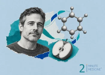 Type 2 diabetes collage: a calm man in a crew-neck sweater beside a ball-and-stick sugar ring molecule and a halved apple