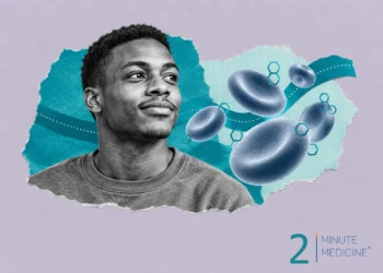 Type 2 diabetes collage: a smiling young man in a sweatshirt beside blood cells dotted with small hexagon rings like sugar
