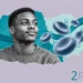 Type 2 diabetes collage: a smiling young man in a sweatshirt beside blood cells dotted with small hexagon rings like sugar
