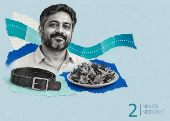 Weight loss collage: a smiling bearded man in an open-collared shirt beside a coiled leather belt and a plate of salad greens