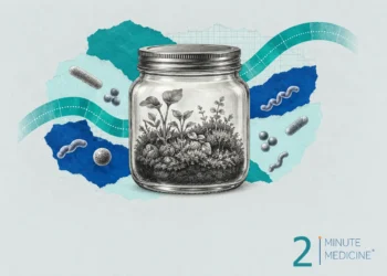C. difficile treatment collage: a closed glass jar holding moss and sprouts, ringed by small rod, round and spiral microbes
