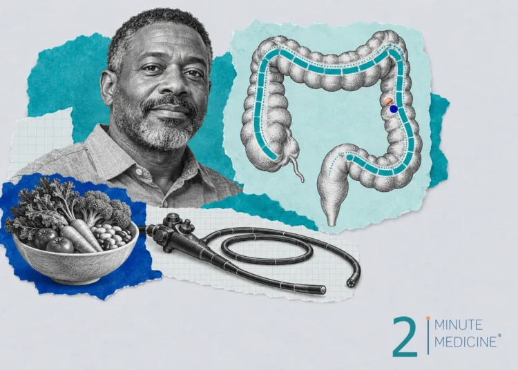 Colon polyps collage: a man beside a colon drawing with one small polyp on a stalk, a coiled scope and a bowl of vegetables