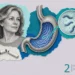 Gastritis collage of a calm woman beside an engraved stomach, spiral H. pylori bacteria and a snapped cigarette