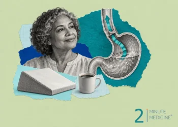 GERD collage of a calm older woman beside the engraved valve where the food pipe meets the stomach, a wedge pillow and a cup