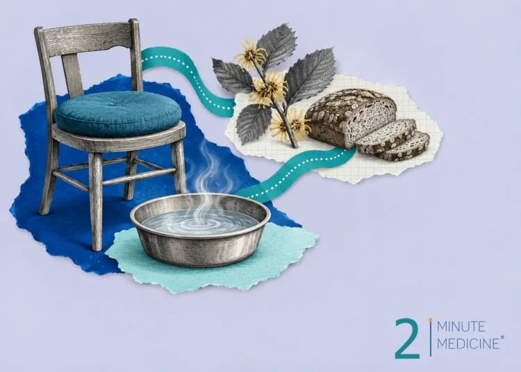 Collage of a wooden chair with a round cushion for hemorrhoids, a basin of warm water, a sprig of witch hazel and bread