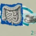 Inflammatory bowel disease collage: engraved small and large intestines beside a cup of peppermint tea and mint leaves