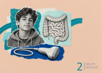 Inflammatory bowel disease collage: a teenage boy in a hoodie beside an engraved drawing of the bowel and an ultrasound probe