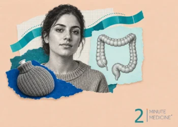 Inflammatory bowel disease collage: a calm young woman in a sweater beside a large intestine drawing and a hot water bottle