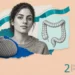 Inflammatory bowel disease collage: a calm young woman in a sweater beside a large intestine drawing and a hot water bottle