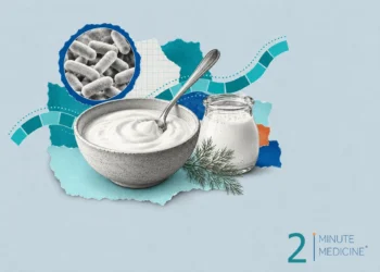 Probiotics collage: a bowl of plain yogurt with a spoon, a jar of kefir, a dill sprig and magnified rod-shaped bacteria