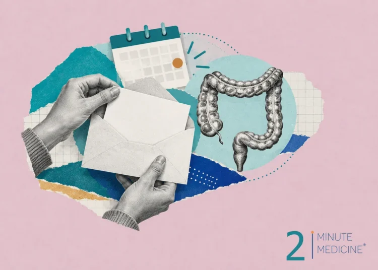 An envelope is being held with a calendar and an illustration of the colon in the background, indicating a reminder for colorectal screening.