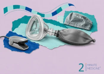 Anesthesia collage: a clear face mask attached to a rubber breathing bag, a fingertip pulse oximeter and a surgical cap