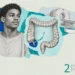 Appendicitis collage of a young man, a large intestine with the appendix marked in blue, a CT scanner and a wristband