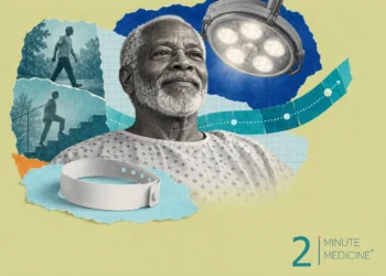Recovery after surgery collage: an older man in a hospital gown under an operating lamp, small walking scenes and a wristband