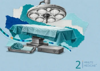Surgical care collage: an operating light over a draped table, a tray with a surgical cap and mask, and a closed case