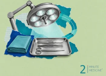 Surgical outcomes collage: an operating lamp above a steel tray of scalpel, forceps and scissors beside a folded drape