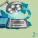 Surgical outcomes collage: an operating lamp above a steel tray of scalpel, forceps and scissors beside a folded drape