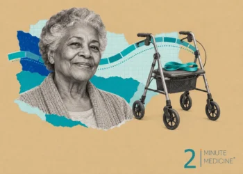 Frailty in older adults collage: a smiling older woman in a cardigan beside a wheeled walker with an exercise band on it
