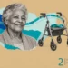 Frailty in older adults collage: a smiling older woman in a cardigan beside a wheeled walker with an exercise band on it