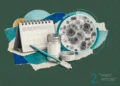A calendar, a specimen jar, and a brush are depicted alongside a microscopic view of cervical cells, indicating cervical cancer screening.