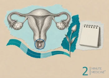 Cervical polyp collage: an anatomical drawing of the uterus and cervix, a slender flower stem and a blank calendar page