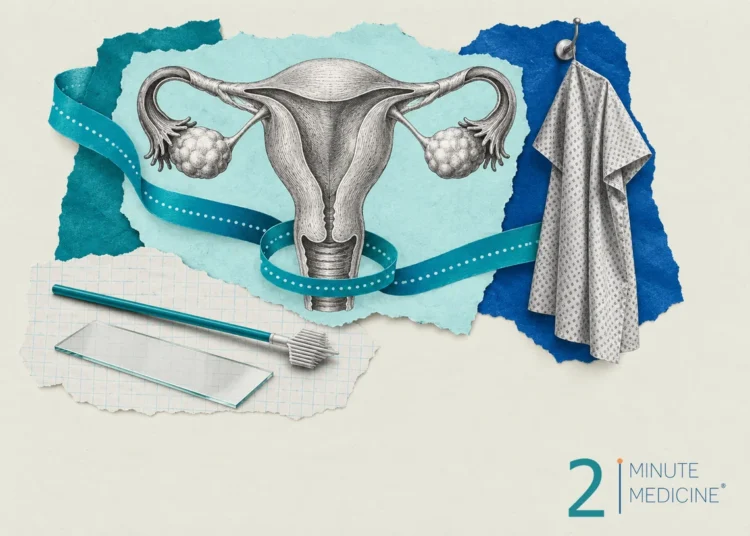 Collage for a Papanicolaou test: an engraved uterus and cervix, a clinic gown on a hook, a soft brush and a glass slide