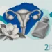 Uterine fibroids collage: an engraved uterus with tubes, ovaries and one small fibroid, a magnolia and a hot-water bottle