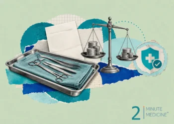 A surgical tray with instruments, balanced scales indicating cost, and monetary coins, symbolizing the economics of surgery and complication management.