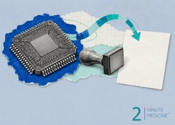 AI in health care collage: an engraved microchip, a wooden rubber stamp on its side and a blank sheet joined by a teal arrow