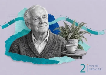 Long-term illness care collage: a smiling older man in a wool cardigan beside a potted fern and a steaming cup of tea