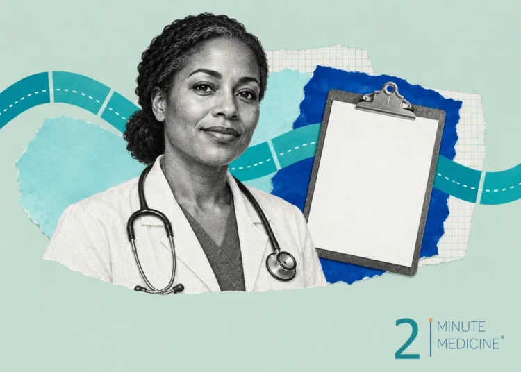Clinical care collage: a smiling clinician in a white coat with a stethoscope around her neck beside a blank clipboard