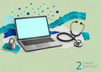 Digital health collage: an open laptop with a blank glowing screen under a network of dots, a stethoscope and a padlock