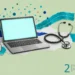 Digital health collage: an open laptop with a blank glowing screen under a network of dots, a stethoscope and a padlock