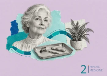 Patient care collage: a calm older woman with silver hair beside a steel tray with a penlight and reflex hammer, and a fern