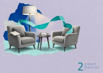 Patient communication collage: two empty armchairs facing each other, a side table with two cups and a floor lamp