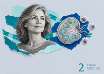 Relapsed follicular lymphoma collage: a calm woman with graying hair, an engraved lymph node and three white blood cells