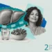 Chronic hepatitis collage: a liver drawing, a glass of water, a bowl of leafy greens and a calm middle-aged woman